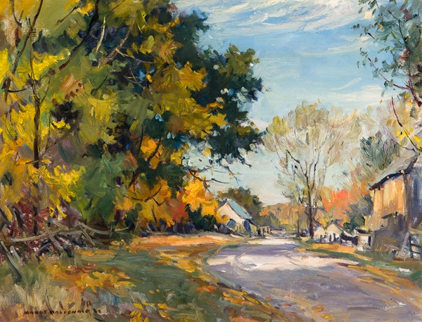 Painting of a country road lined with trees filled with fall coloured leaves. A small house is near the end of the road and an old barn is on the right.