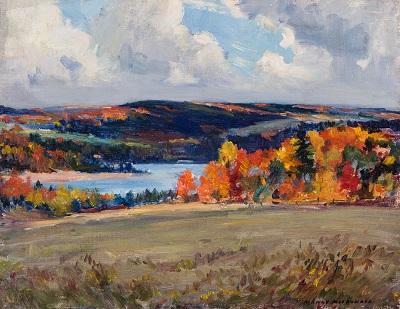 Painting of a landscape featuring a lake and trees of bright autumn foliage, with dark hill and a blue grey sky in the background.