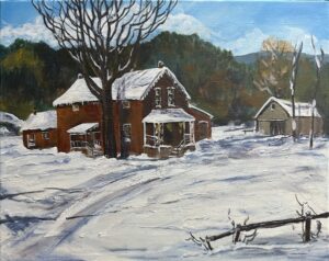 Acrylic painting of a house in a snowy winter scene.