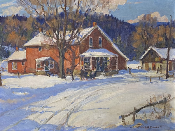 Oil painting of a farmhouse in winter with a horse drawn sleigh out front.