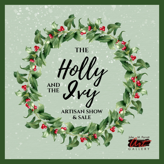 Logo for The Holly and the Ivy Artisan Show & Sale inside of a green winter wreath with red berries.